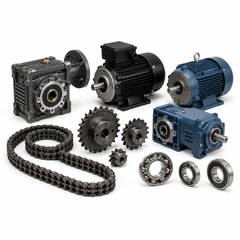 Mechanical motors, gearboxes, chains, sprockets, and bearings