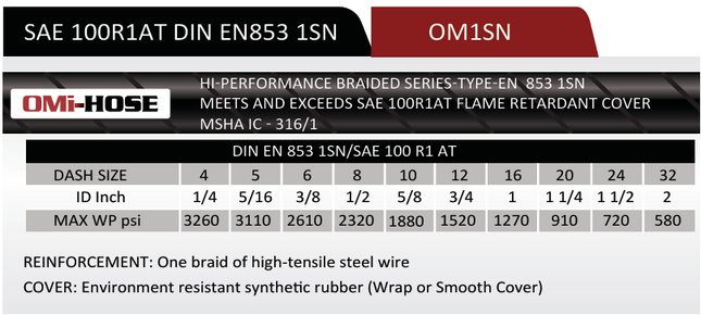 1SN-06 | 3/8" 1SN Braided Hydraulic Hose, 2610 Max WP PSI