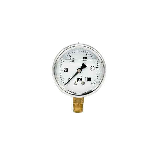 200L-254-0-100N | 2.5", 0-100 PSI, Stainless Steel x Brass, 1/4", Lower Mount Pressure Gauge