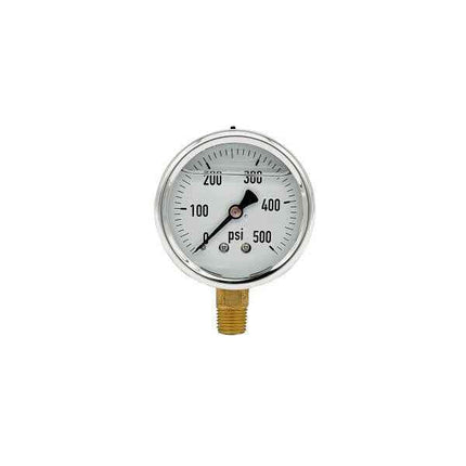 200L-254-0-500N | 2.5", 0-500 PSI, Stainless Steel x Brass, 1/4", Lower Mount Pressure Gauge