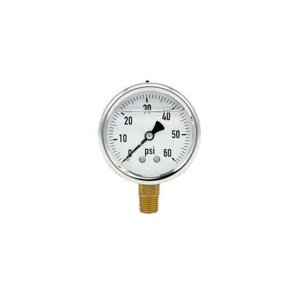 200L-254-0-60N | 2.5", 0-60 PSI, Stainless Steel x Brass, 1/4", Lower Mount Pressure Gauge
