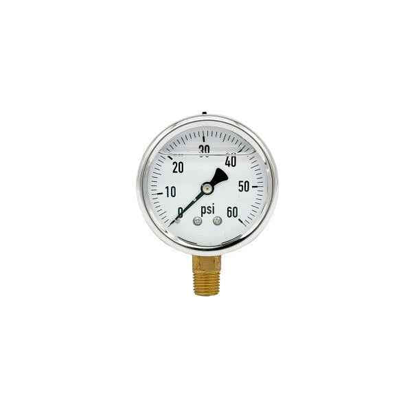 200L-254-0-60N | 2.5", 0-60 PSI, Stainless Steel x Brass, 1/4", Lower Mount Pressure Gauge