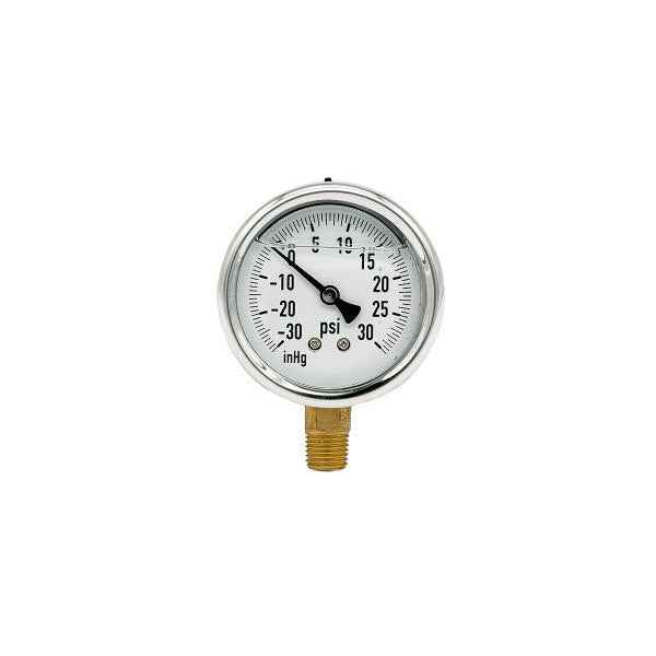 200L-254-30-0-30N | 2.5", 30-0-30 PSI, Stainless Steel x Brass, 1/4", Lower Mount Pressure Gauge