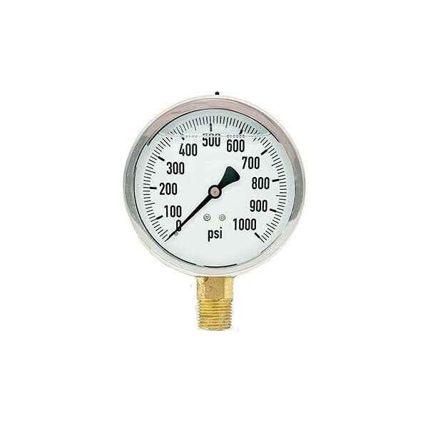 200L-402-0-1000N | 4", 0-1000 PSI, Stainless Steel x Brass, 1/2" Lower Mount Pressure Gauge