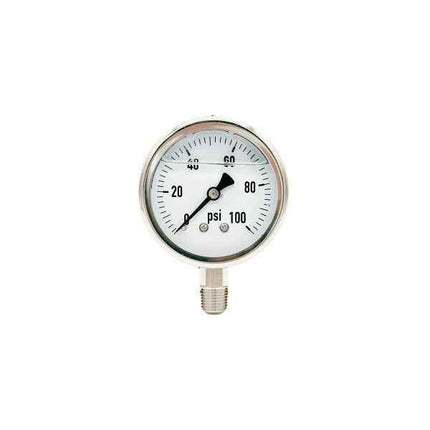 300L-254-0-100N | 2.5", 0-100 PSI, Stainless Steel x Stainless Steel, 1/4", Lower Mount Pressure Gauge