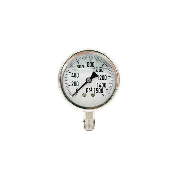 300L-254-0-1500N | 2.5", 0-1500 PSI, Stainless Steel x Stainless Steel, 1/4", Lower Mount Pressure Gauge