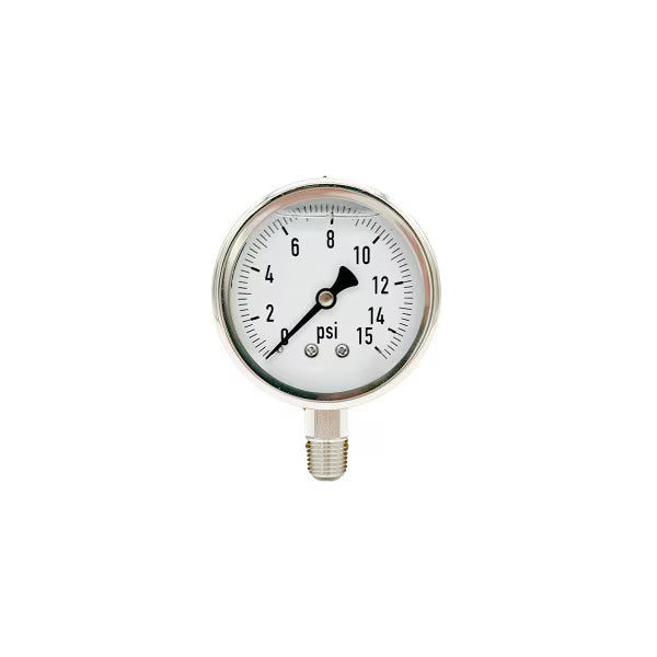 300L-402-0-15N | 4", 0-15 PSI, Stainless Steel x Stainless Steel, 1/2" Lower Mount Pressure Gauge