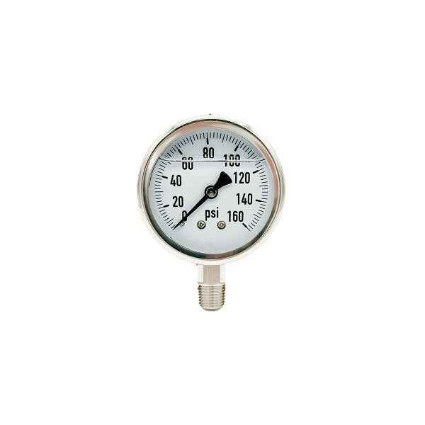 300L-254-0-160N | 2.5", 0-160 PSI, Stainless Steel x Stainless Steel, 1/4", Lower Mount Pressure Gauge