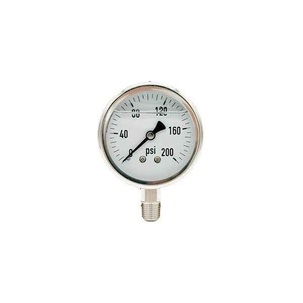 300L-254-0-200N | 2.5", 0-200 PSI, Stainless Steel x Stainless Steel, 1/4", Lower Mount Pressure Gauge