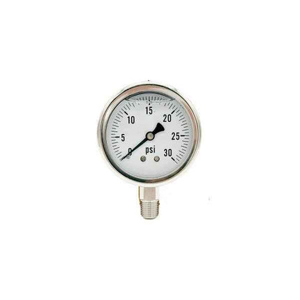 300L-254-0-30N | 2.5", 0-30 PSI, Stainless Steel x Stainless Steel, 1/4", Lower Mount Pressure Gauge