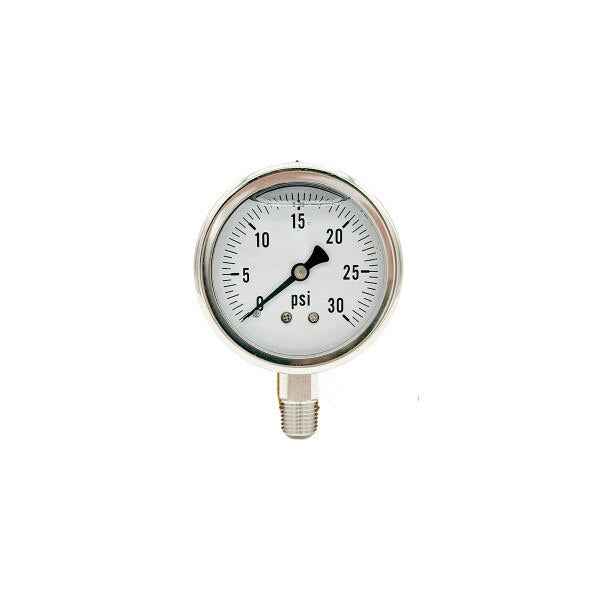 300L-254-0-30N | 2.5", 0-30 PSI, Stainless Steel x Stainless Steel, 1/4", Lower Mount Pressure Gauge