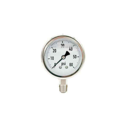 300L-254-0-60N | 2.5", 0-60 PSI, Stainless Steel x Stainless Steel, 1/4", Lower Mount Pressure Gauge