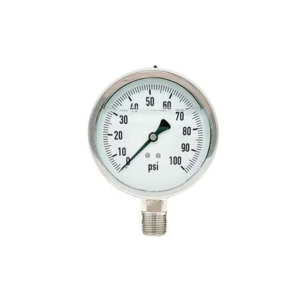 300L-402-0-100N | 4", 0-100 PSI, Stainless Steel x Stainless Steel, 1/2" Lower Mount Pressure Gauge