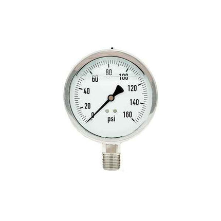 300L-402-0-160N | 4", 0-160 PSI, Stainless Steel x Stainless Steel, 1/2" Lower Mount Pressure Gauge