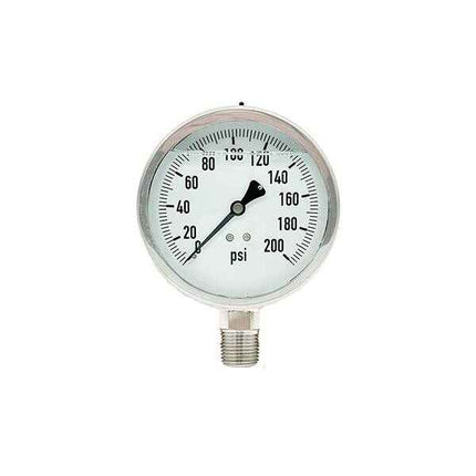300L-402-0-200N | 4", 0-200 PSI, Stainless Steel x Stainless Steel, 1/2" Lower Mount Pressure Gauge