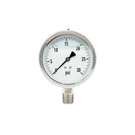 300L-402-0-30N | 4", 0-30 PSI, Stainless Steel x Stainless Steel, 1/2" Lower Mount Pressure Gauge
