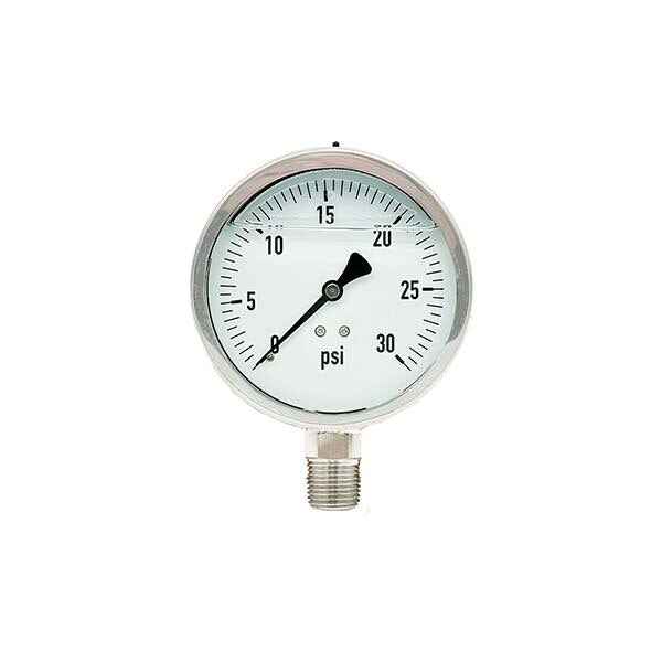 300L-402-0-30N | 4", 0-30 PSI, Stainless Steel x Stainless Steel, 1/2" Lower Mount Pressure Gauge