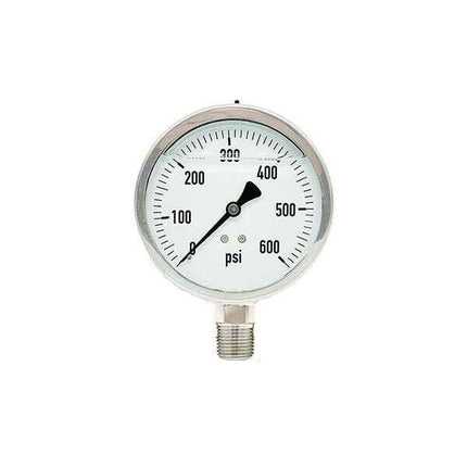 300L-402-0-600N | 4", 0-600 PSI, Stainless Steel x Stainless Steel, 1/2" Lower Mount Pressure Gauge