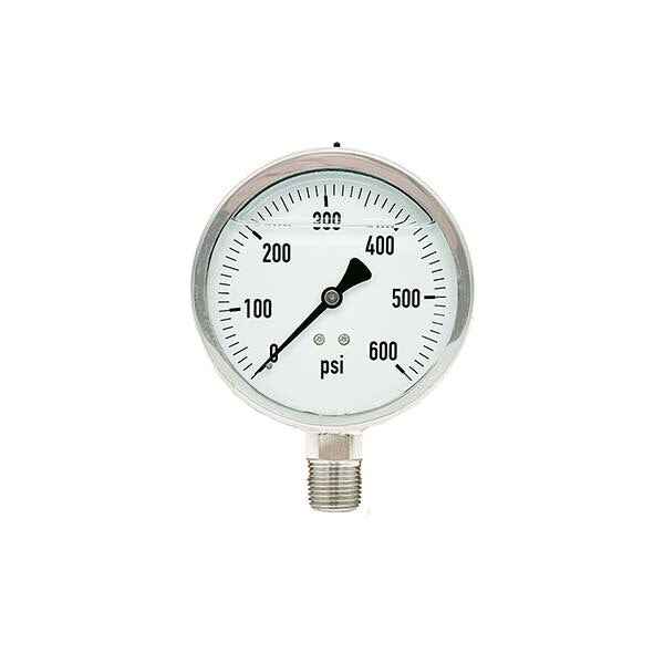 300L-402-0-600N | 4", 0-600 PSI, Stainless Steel x Stainless Steel, 1/2" Lower Mount Pressure Gauge