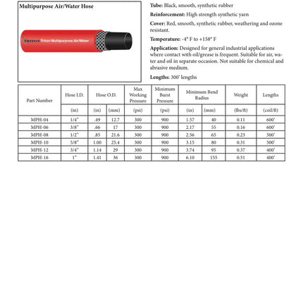 MPH-16-300-Coil | 1" Red Multi-purpose hose, Air and Water, 300 PSI WP  (WC 21209)