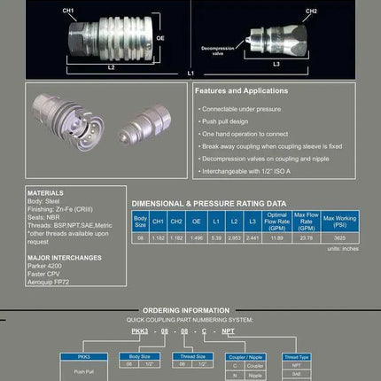 PKK3-08-08N-SAE | Standard push pull connect under pressure nipple, 1/2" body x 1/2" ( 3/4 UNF ) SAE female threads