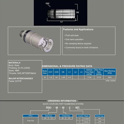 PKK3-08-08C-NPT | Standard push pull connect under pressure coupling, 1/2" body x 1/2" female NPT threads