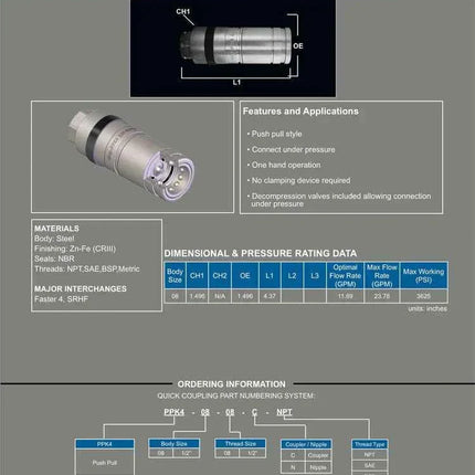 PPK4-08-08C-SAE | Connect under pressure push pull coupling, 1/2" body x 1/2" ( 3/4 UNF ) female threads