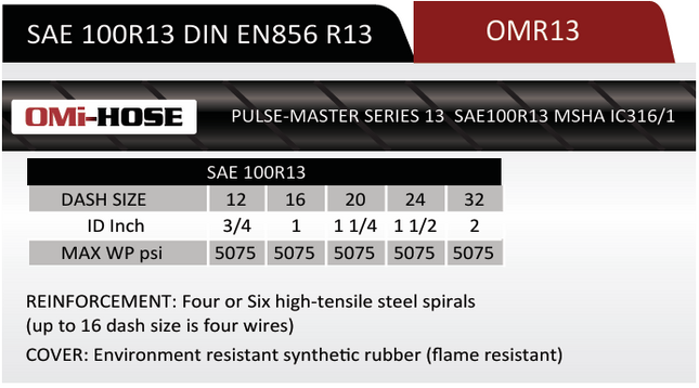R13-12 | 3/4" R13 Spiral Hydraulic Hose, 5075 Max WP PSI