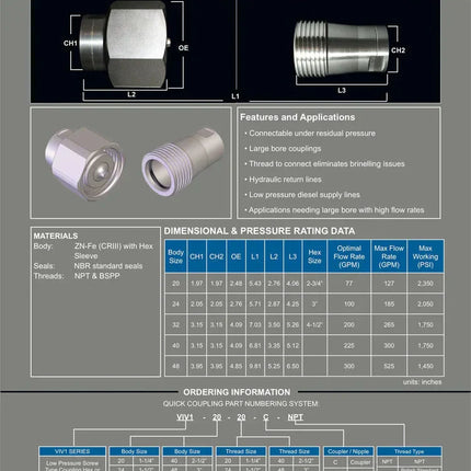 VIV1-32-32C-NPT | 2" Screw type Coupling Body with Brass internals, with 2" Female NPT threads,