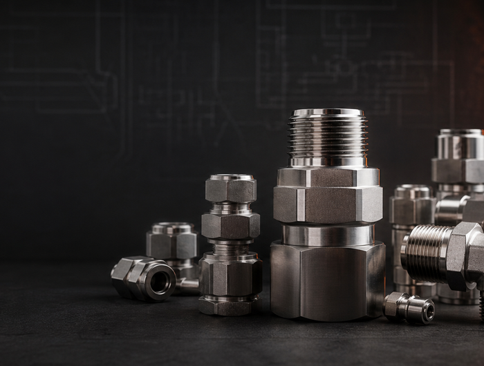 Stainless steel high-pressure hydraulic adapters with orange lighting