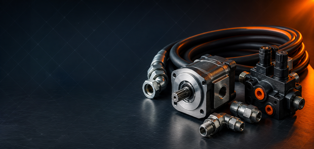 Hydraulic hoses, adapters, gear pump and control valve with orange lighting